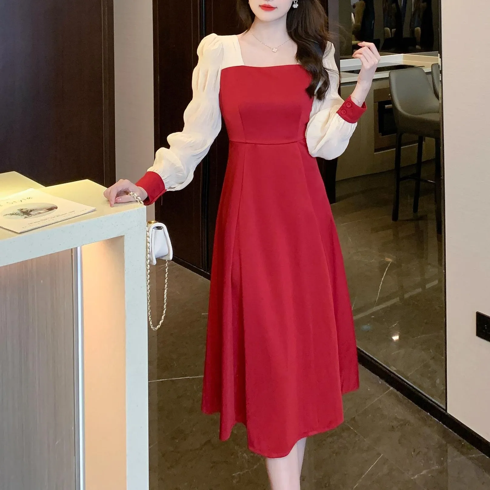 Elegant Women's Dress with Ruffled Hem and Long Sleeves