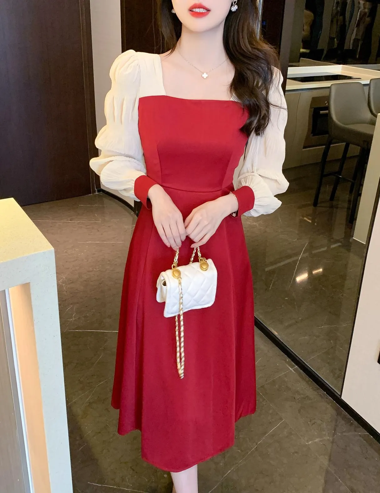 Elegant Women's Dress with Ruffled Hem and Long Sleeves