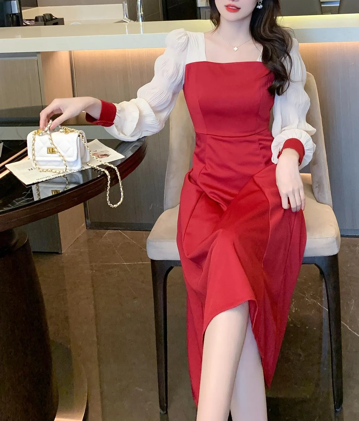 Elegant Women's Dress with Ruffled Hem and Long Sleeves