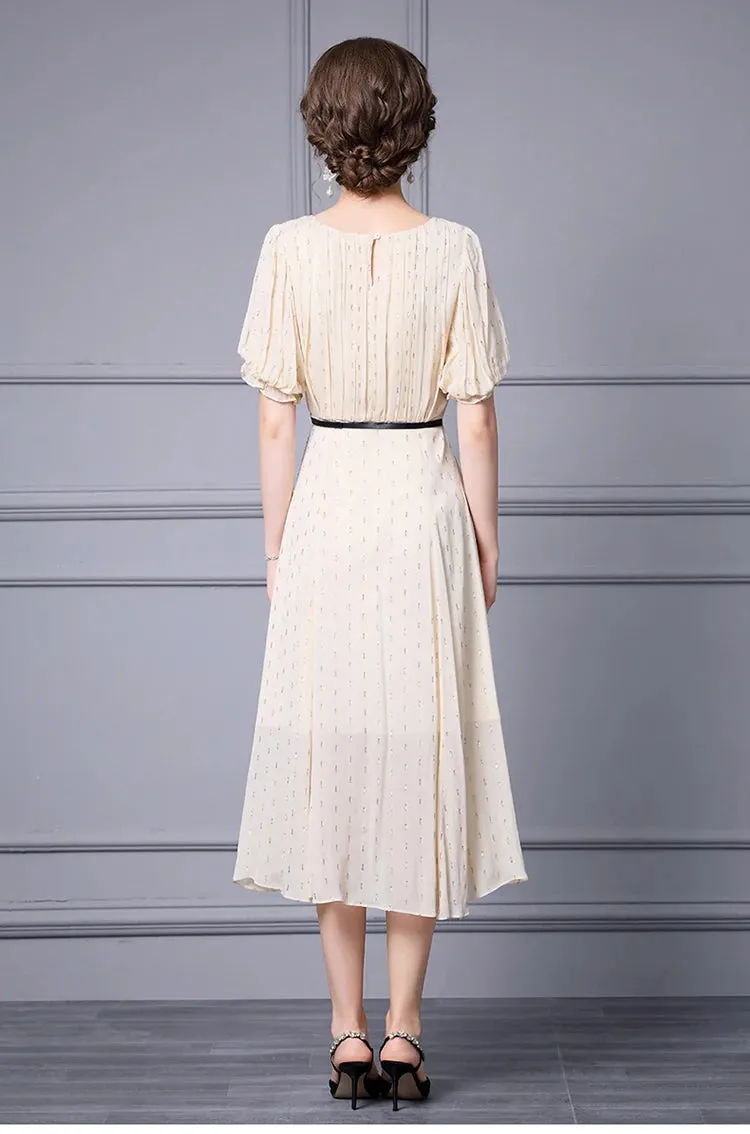 Emerie Shiny Dot O-Neck Lantern Sleeve Sashes High Street Dress