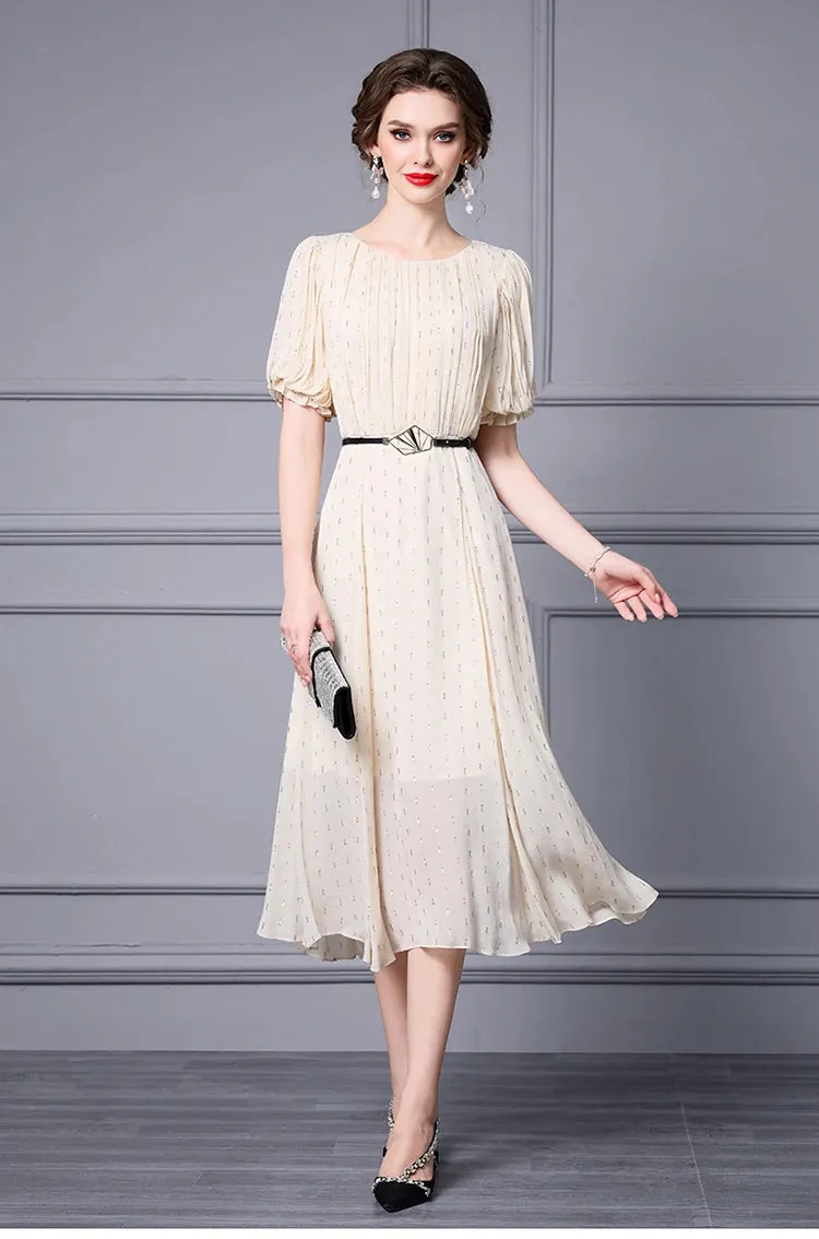 Emerie Shiny Dot O-Neck Lantern Sleeve Sashes High Street Dress