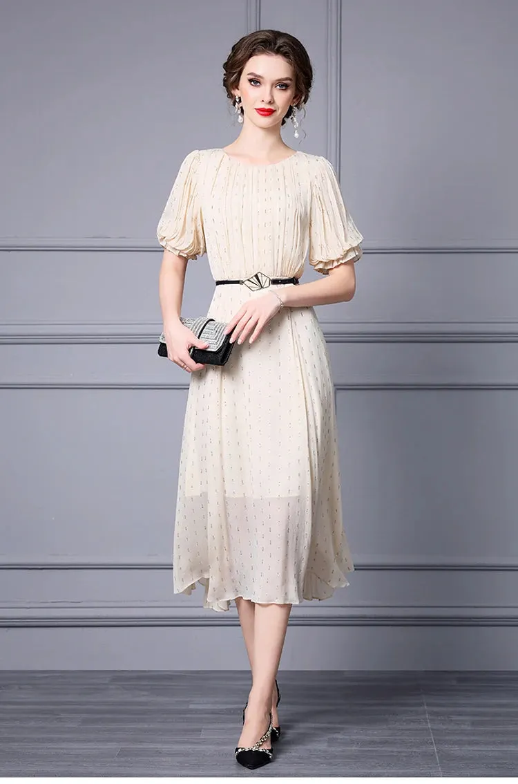 Emerie Shiny Dot O-Neck Lantern Sleeve Sashes High Street Dress