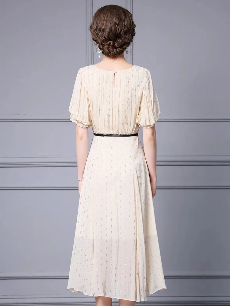 Emerie Shiny Dot O-Neck Lantern Sleeve Sashes High Street Dress