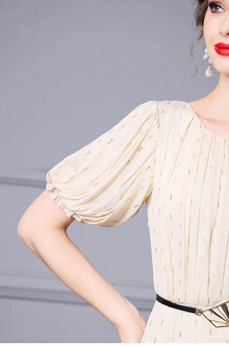 Emerie Shiny Dot O-Neck Lantern Sleeve Sashes High Street Dress