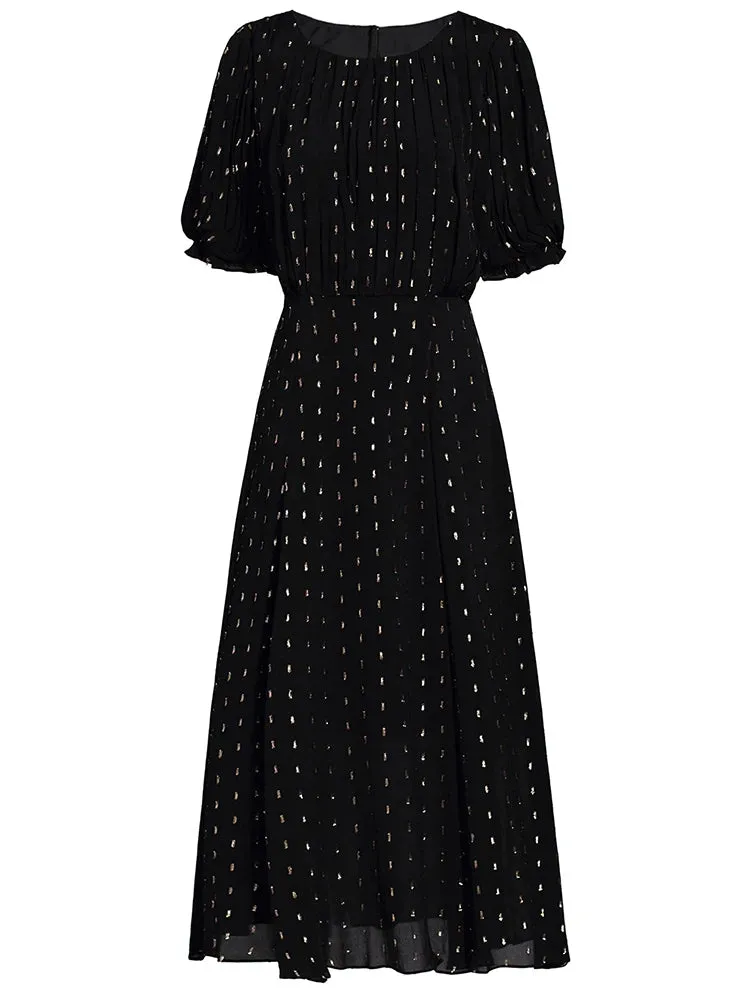 Emerie Shiny Dot O-Neck Lantern Sleeve Sashes High Street Dress