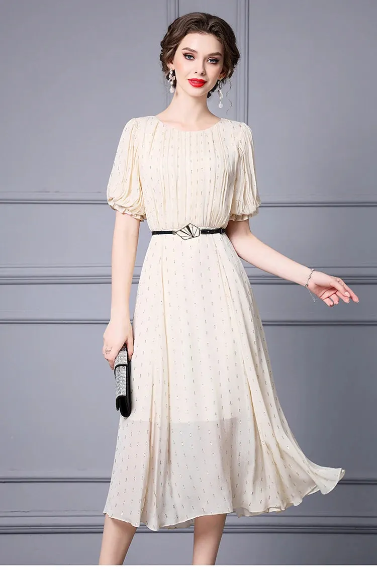 Emerie Shiny Dot O-Neck Lantern Sleeve Sashes High Street Dress