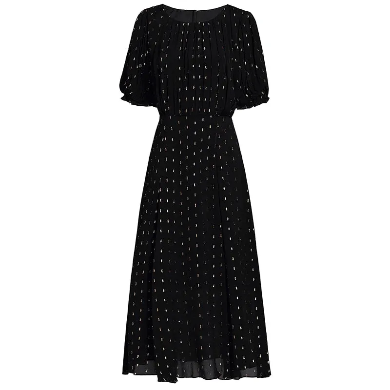 Emerie Shiny Dot O-Neck Lantern Sleeve Sashes High Street Dress