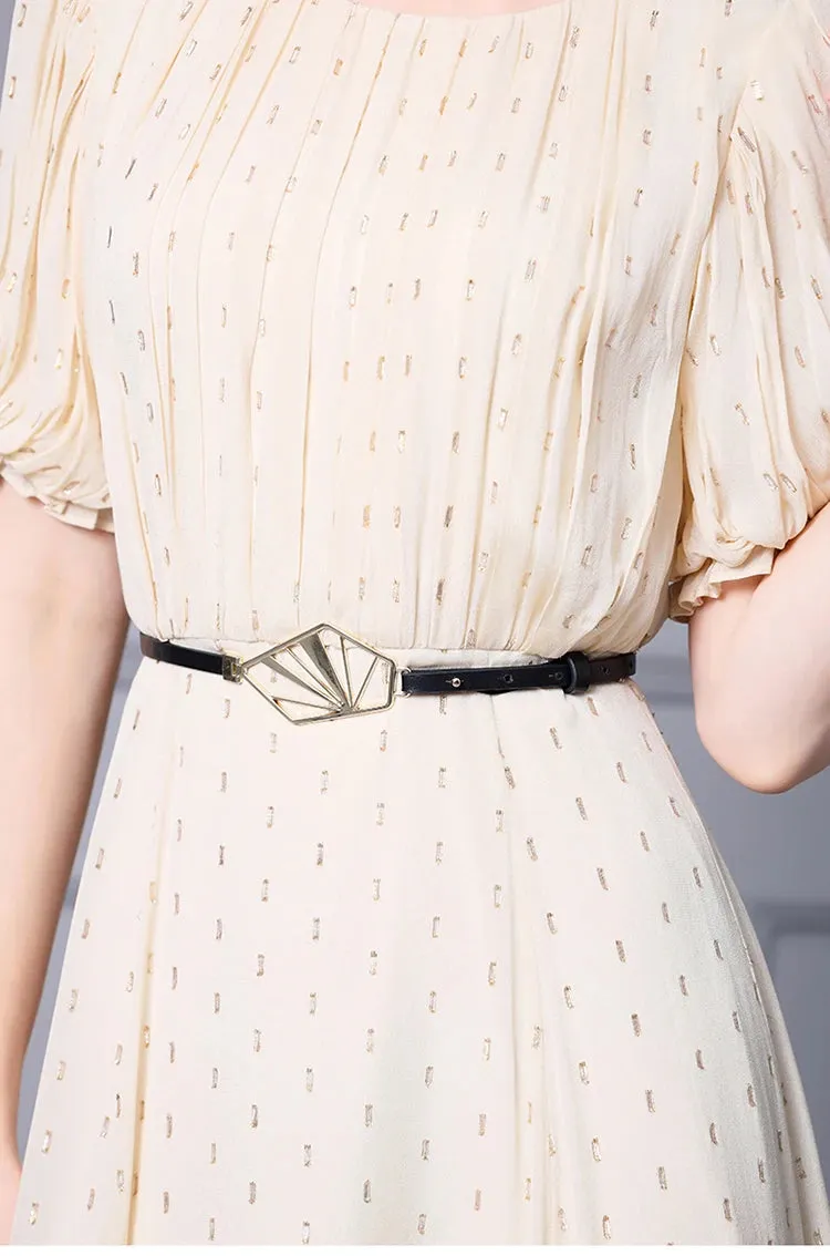 Emerie Shiny Dot O-Neck Lantern Sleeve Sashes High Street Dress