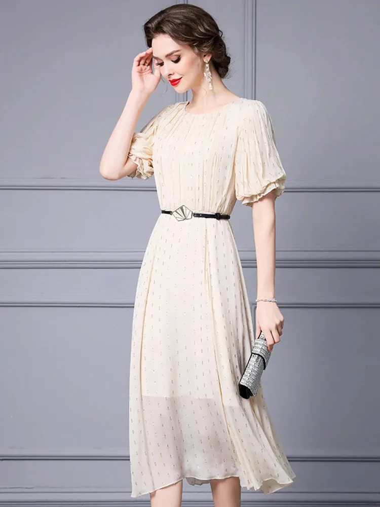 Emerie Shiny Dot O-Neck Lantern Sleeve Sashes High Street Dress