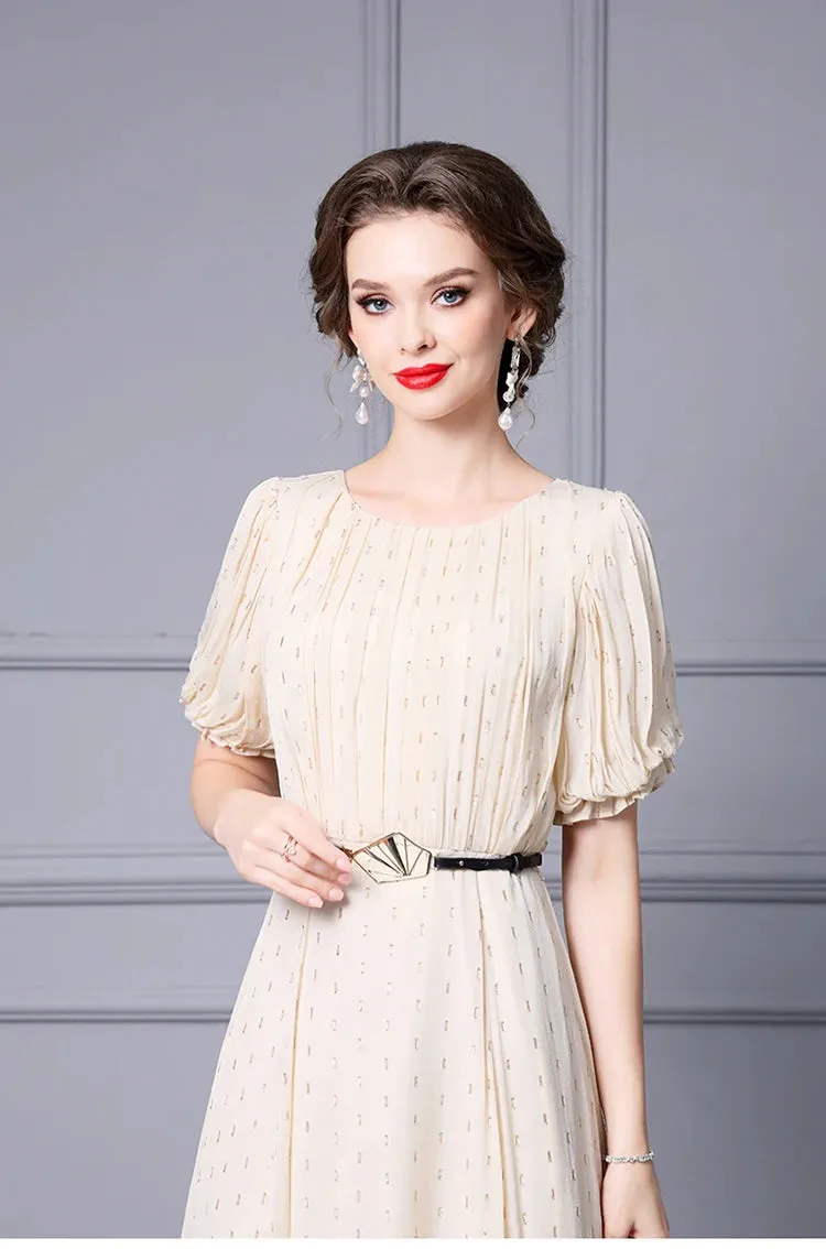 Emerie Shiny Dot O-Neck Lantern Sleeve Sashes High Street Dress