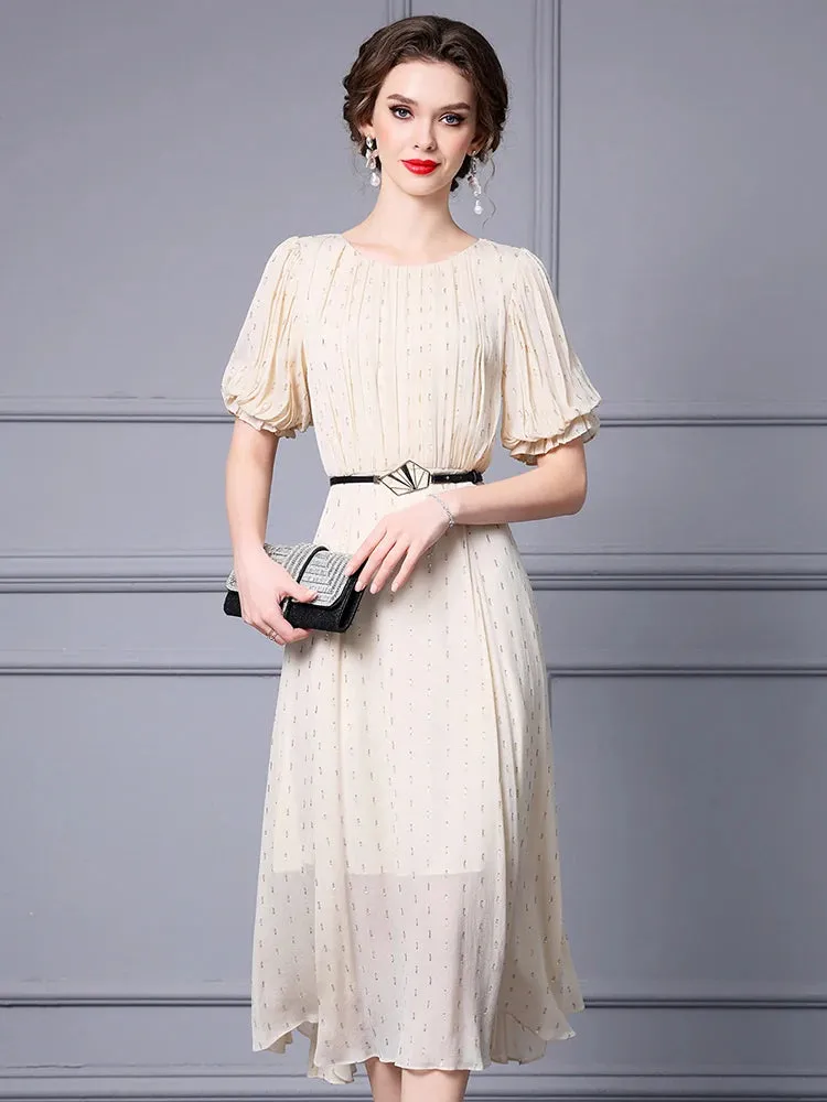 Emerie Shiny Dot O-Neck Lantern Sleeve Sashes High Street Dress