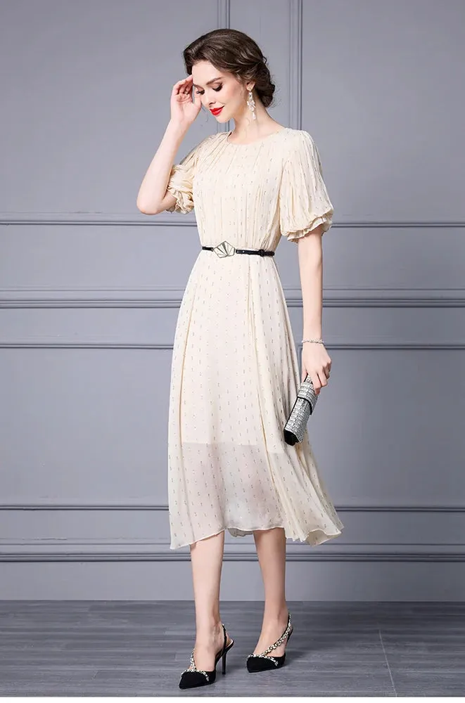 Emerie Shiny Dot O-Neck Lantern Sleeve Sashes High Street Dress