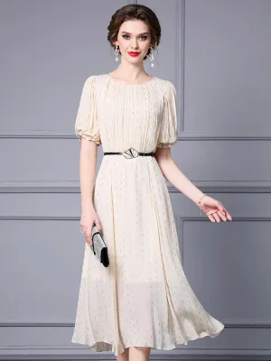 Emerie Shiny Dot O-Neck Lantern Sleeve Sashes High Street Dress
