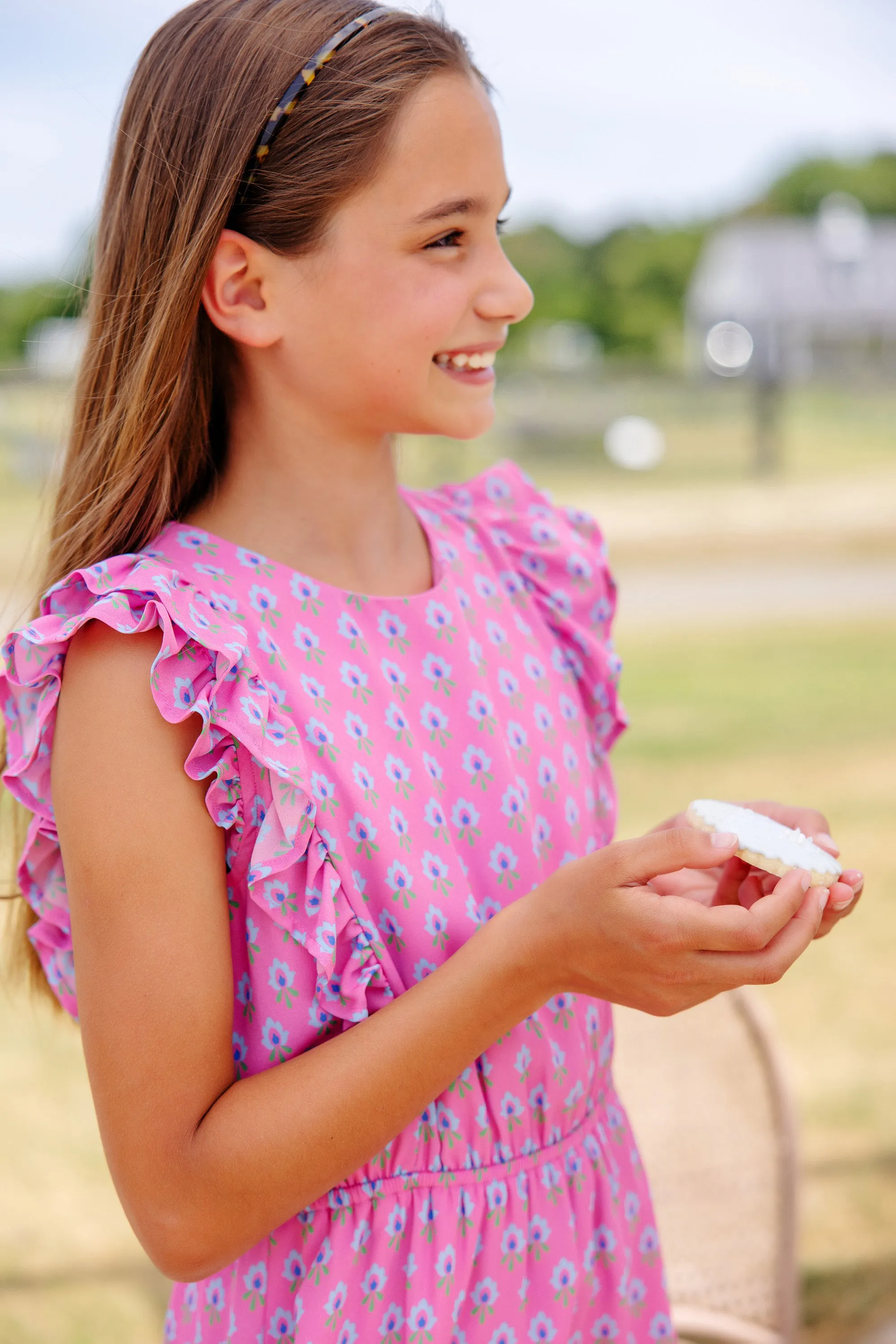 Emily Rives Ruffle Dress - Holly Hills Hand Block with Hamptons Hot Pink