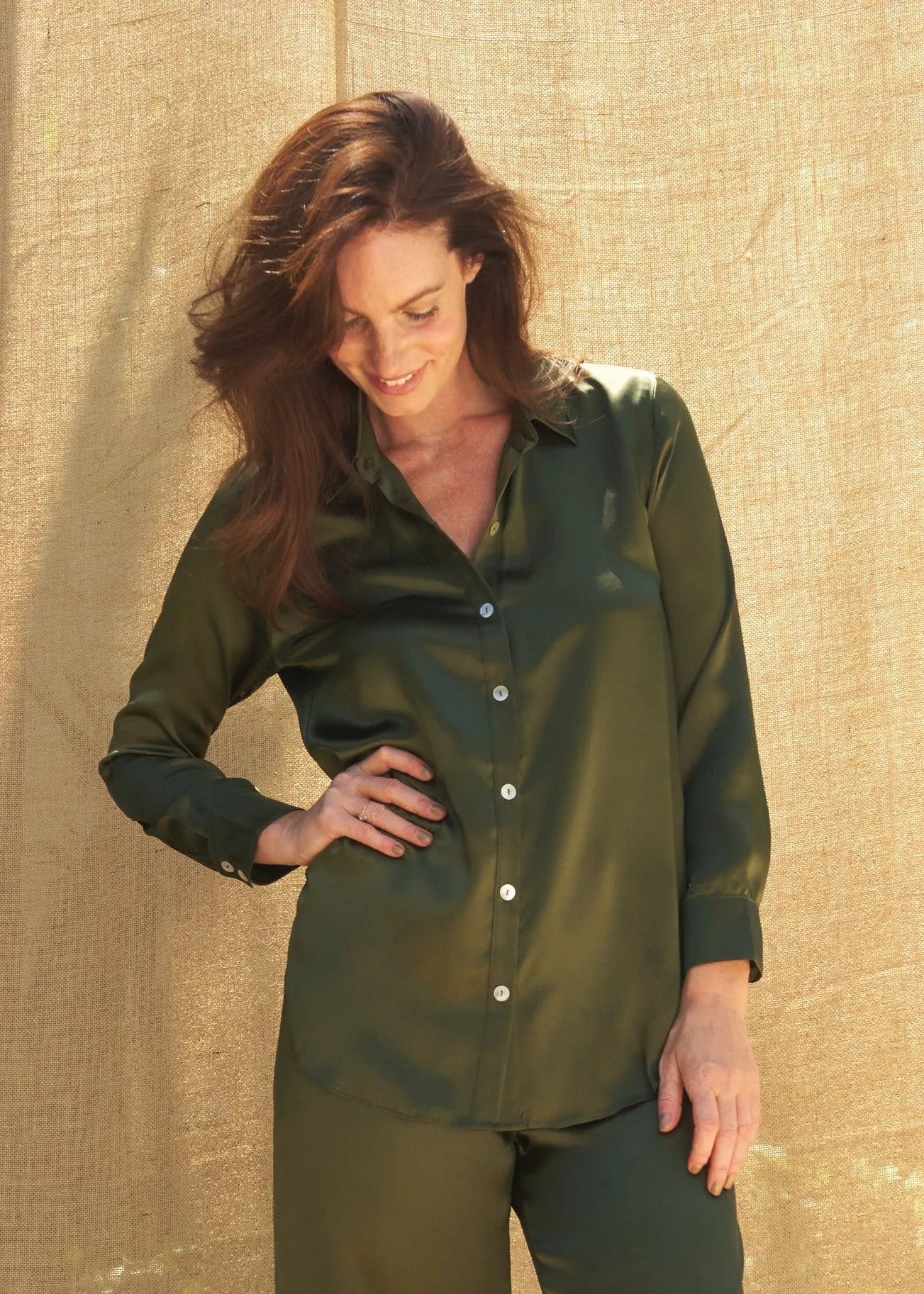 Estelle Pants in Olive Charmeuse Silk