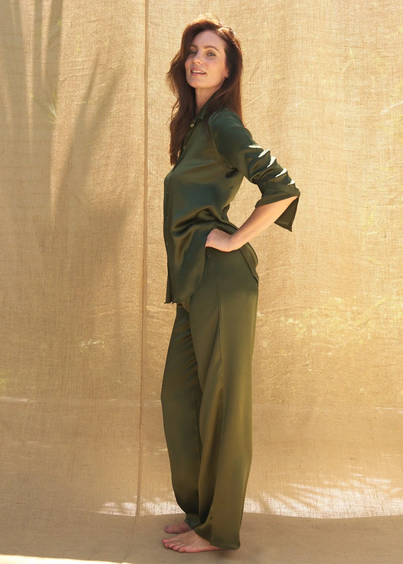 Estelle Pants in Olive Charmeuse Silk