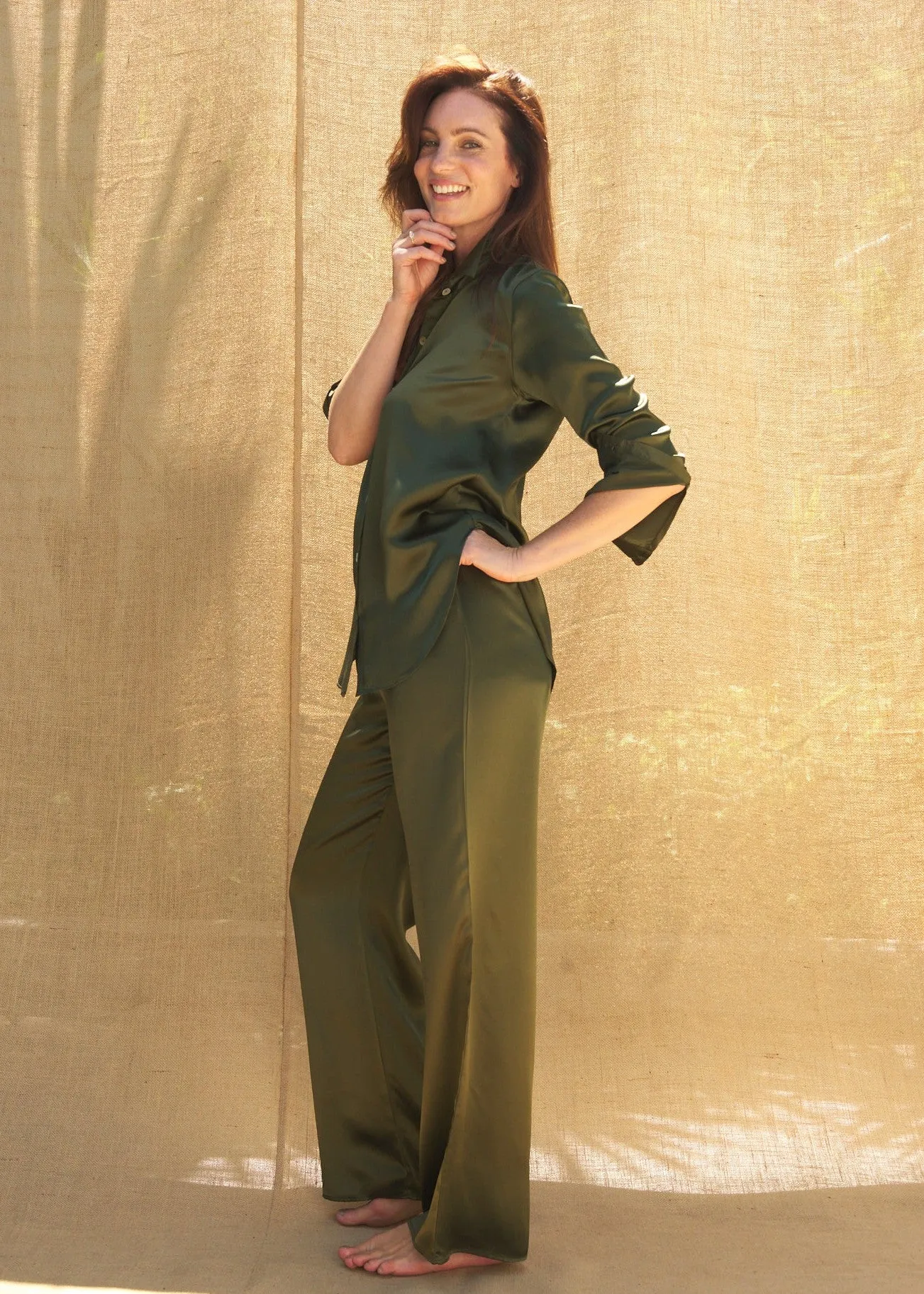 Estelle Pants in Olive Charmeuse Silk