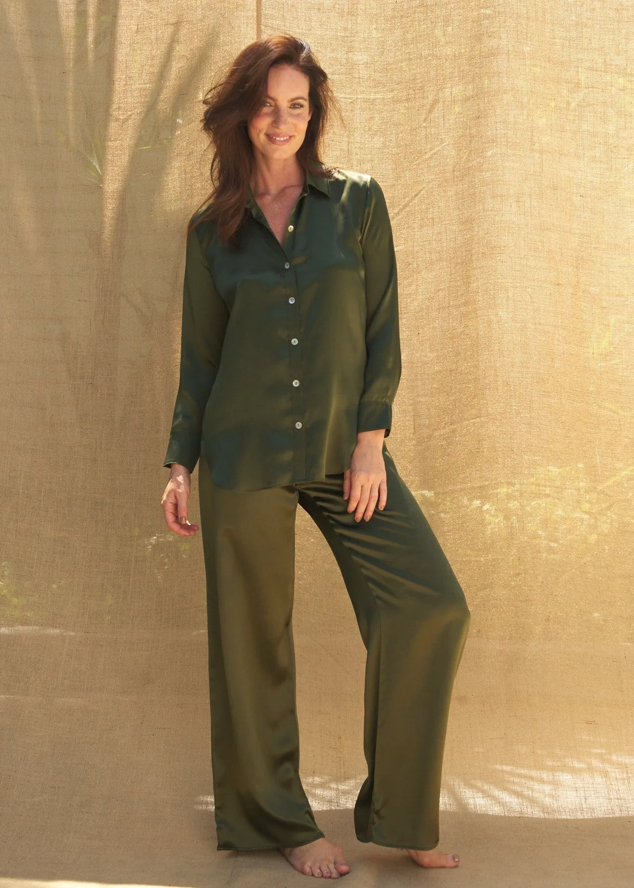 Estelle Pants in Olive Charmeuse Silk