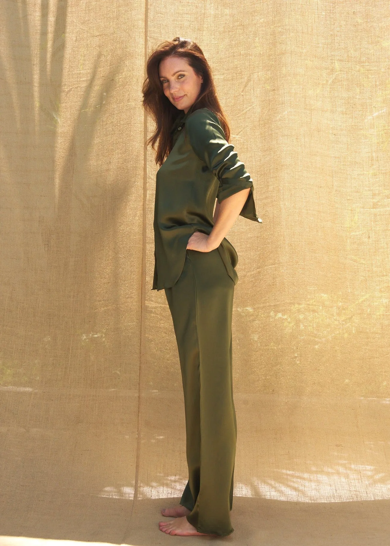 Estelle Pants in Olive Charmeuse Silk