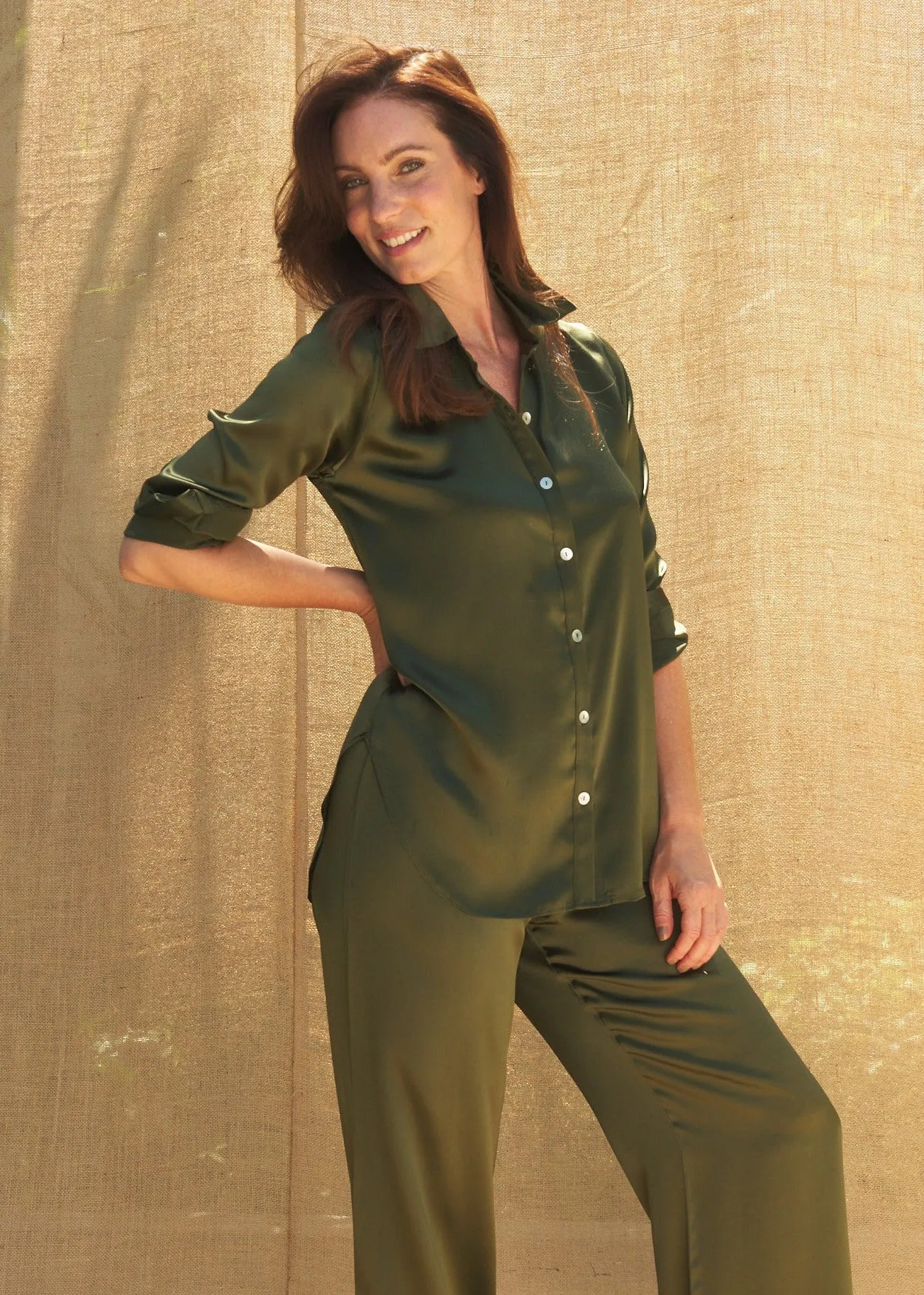 Estelle Pants in Olive Charmeuse Silk