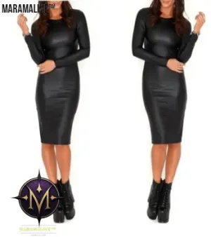 European and American nightclub dress faux leather long sleeve round neck to knee bag hip tight pencil skirt