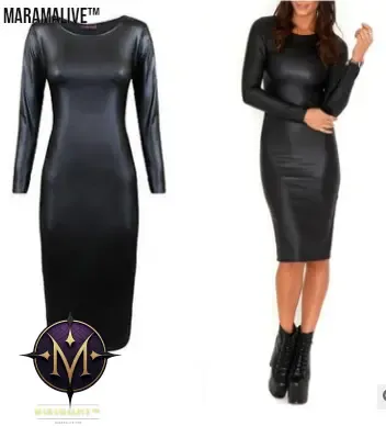 European and American nightclub dress faux leather long sleeve round neck to knee bag hip tight pencil skirt