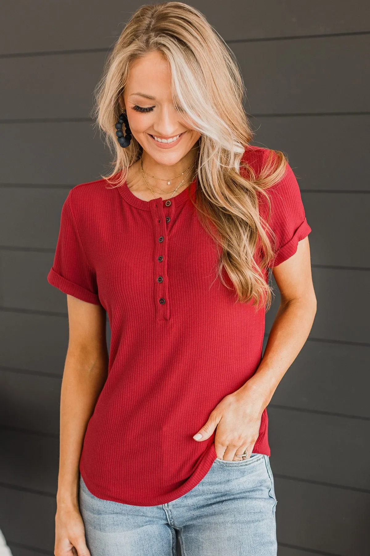 Every Effort Ribbed Knit Button Top- Red