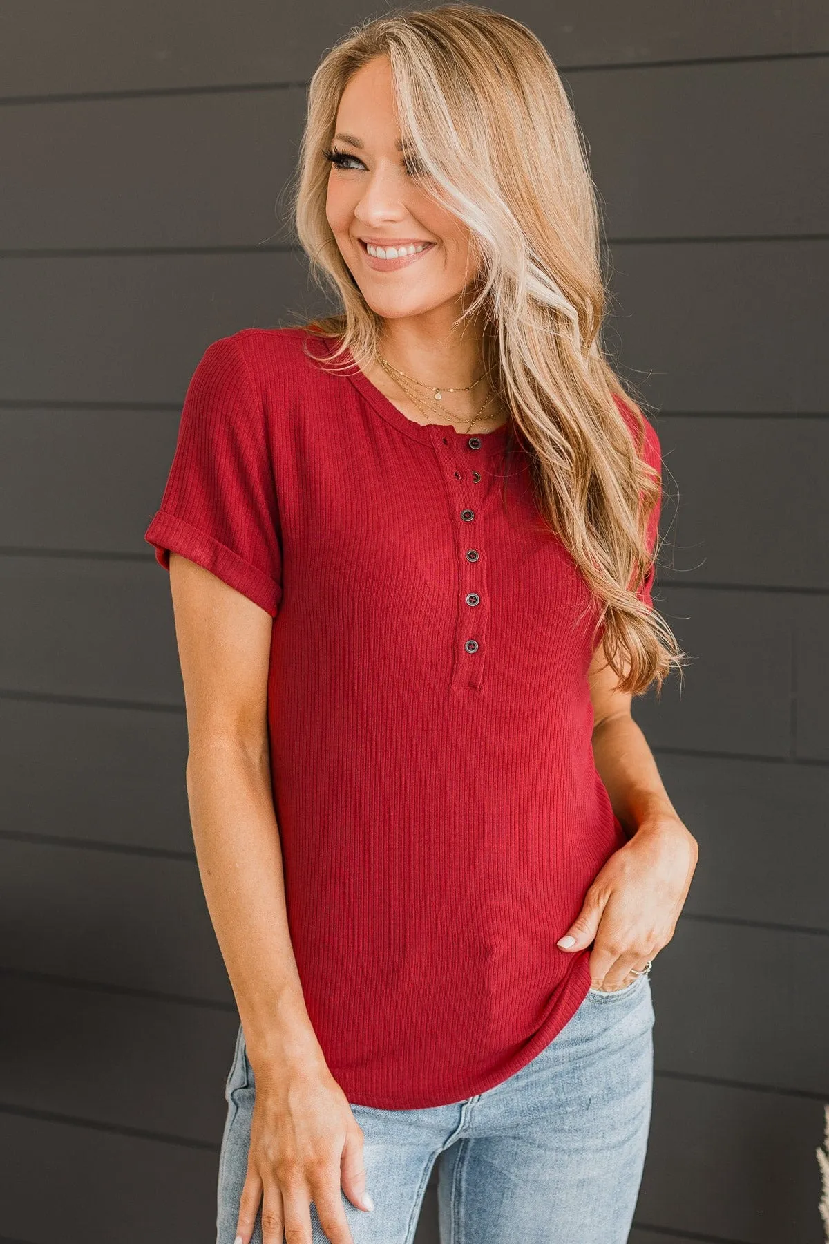 Every Effort Ribbed Knit Button Top- Red