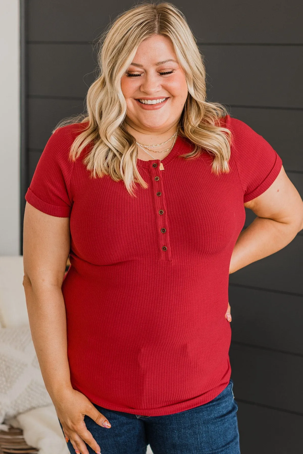 Every Effort Ribbed Knit Button Top- Red