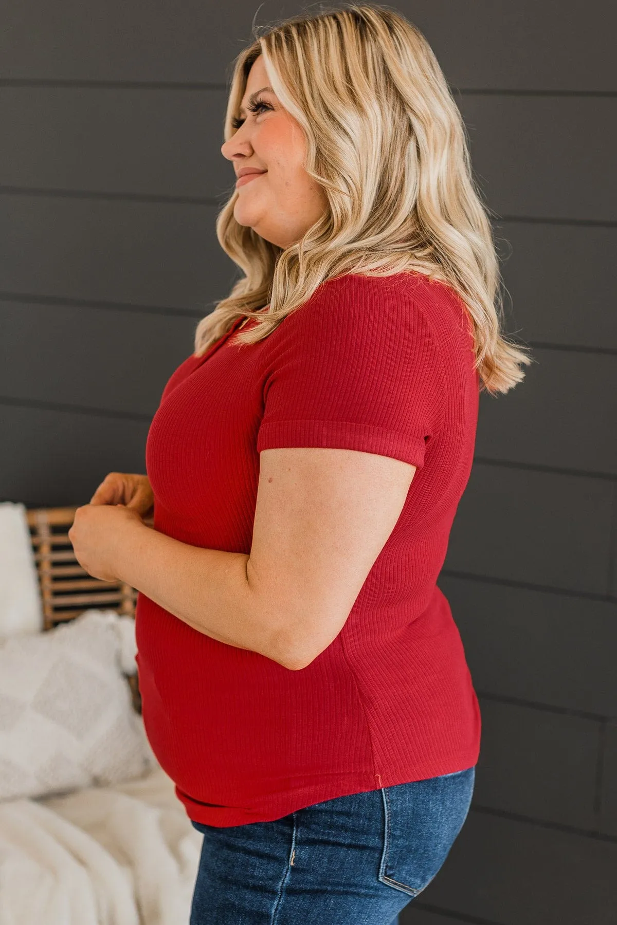Every Effort Ribbed Knit Button Top- Red