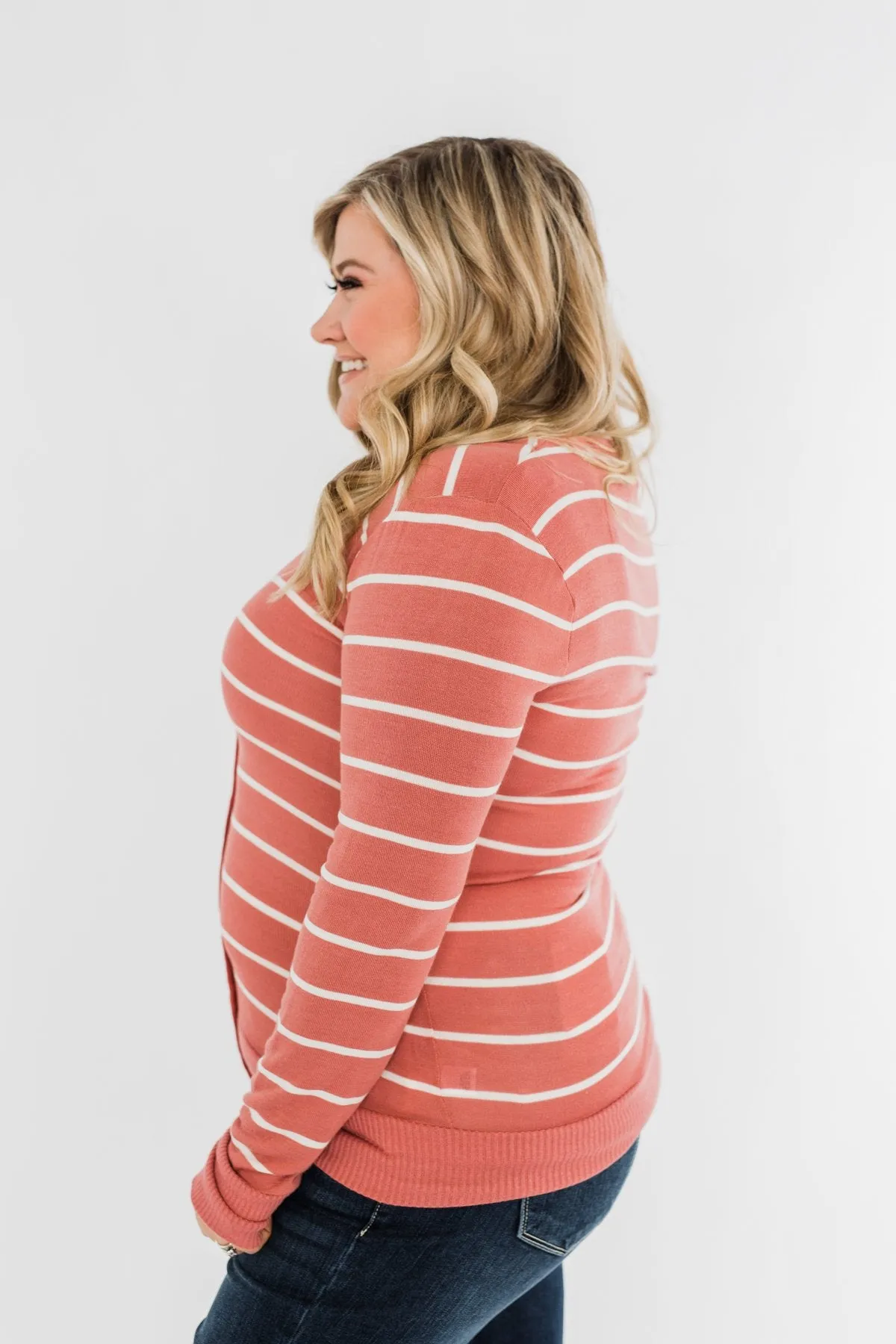 Everyday Striped Button Cardigan- Dusty Rose & Ivory