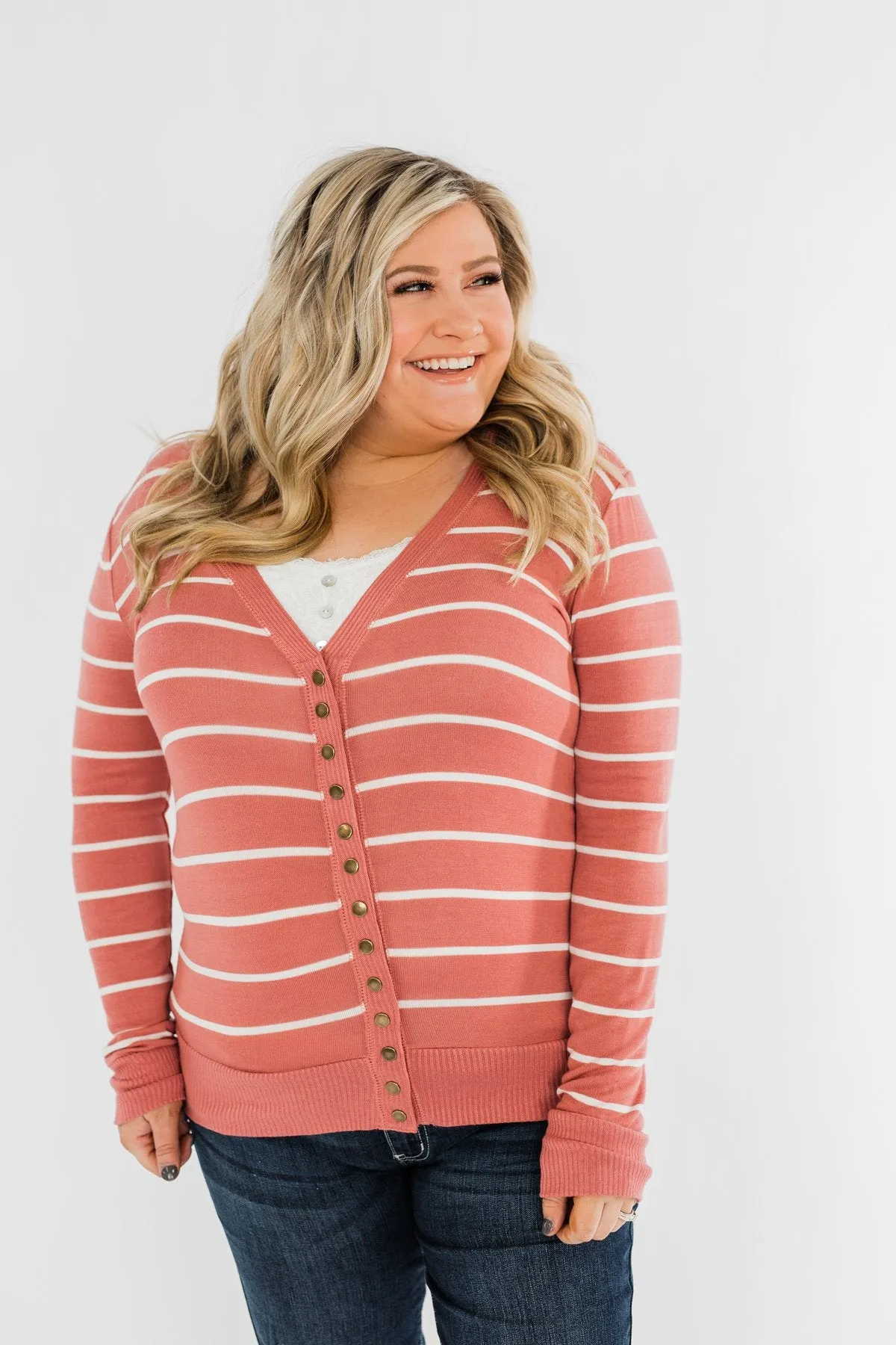 Everyday Striped Button Cardigan- Dusty Rose & Ivory
