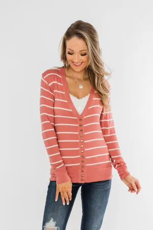 Everyday Striped Button Cardigan- Dusty Rose & Ivory