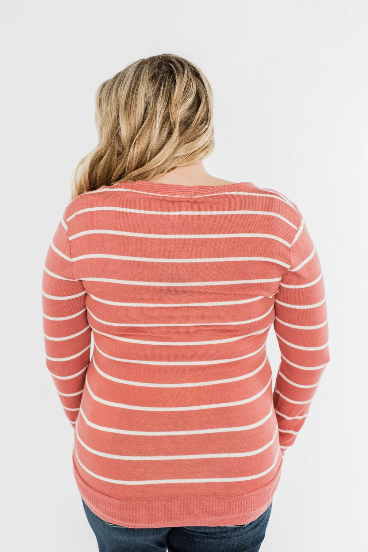 Everyday Striped Button Cardigan- Dusty Rose & Ivory