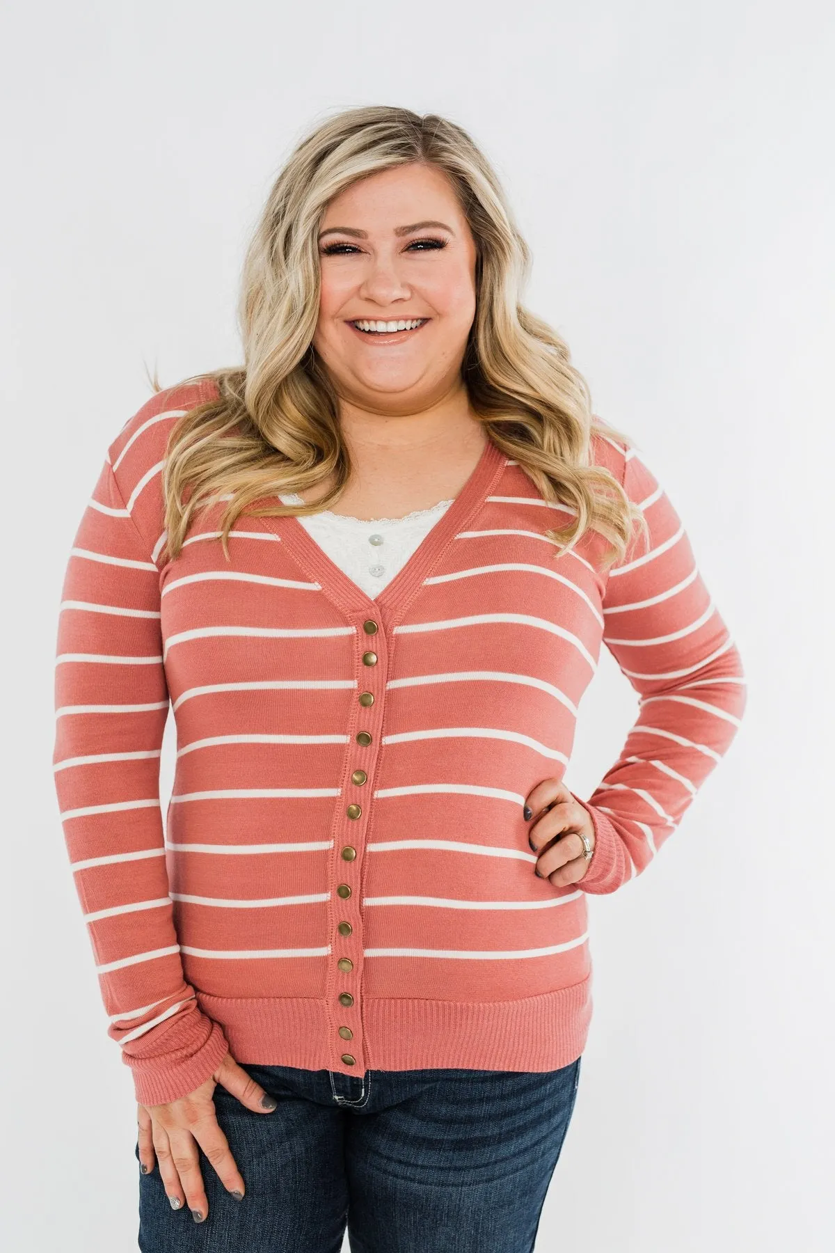 Everyday Striped Button Cardigan- Dusty Rose & Ivory