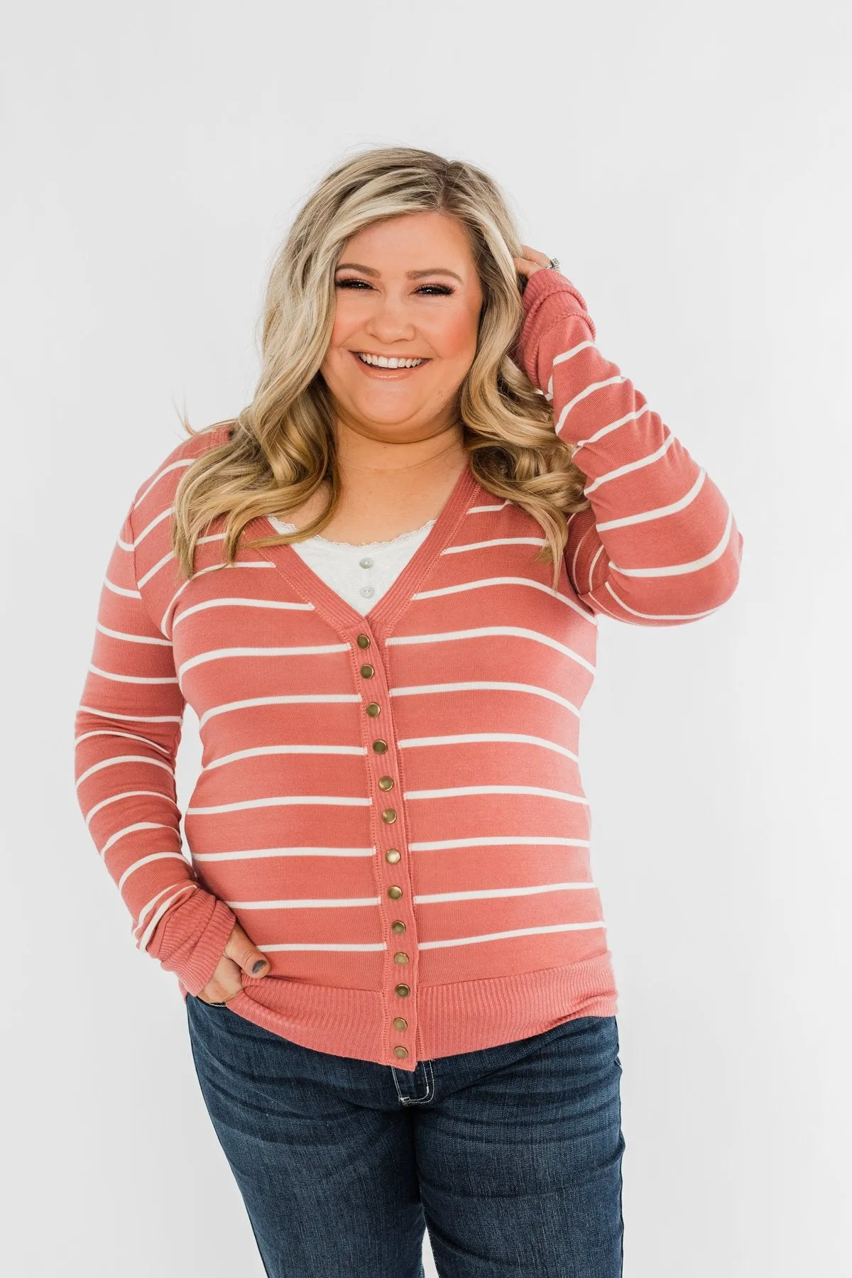 Everyday Striped Button Cardigan- Dusty Rose & Ivory