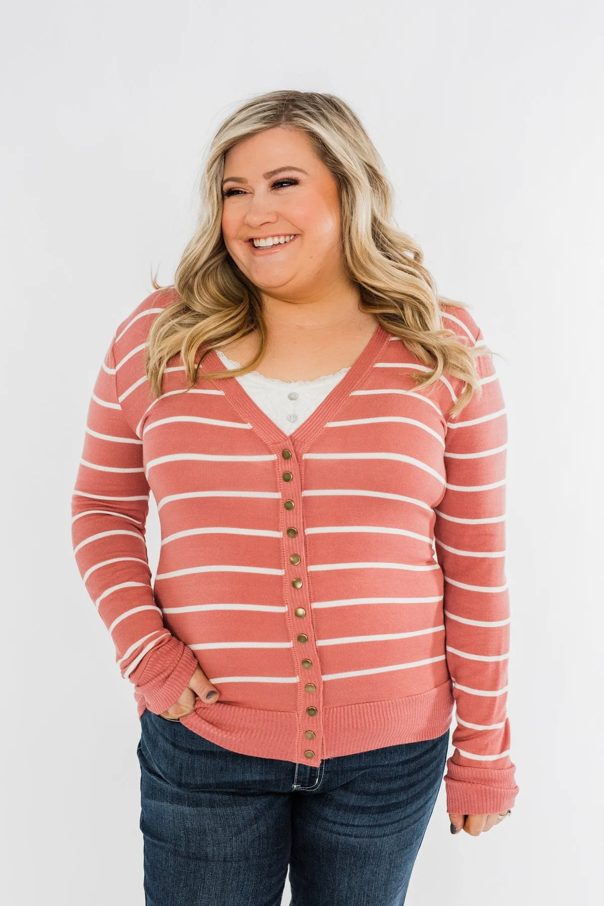 Everyday Striped Button Cardigan- Dusty Rose & Ivory