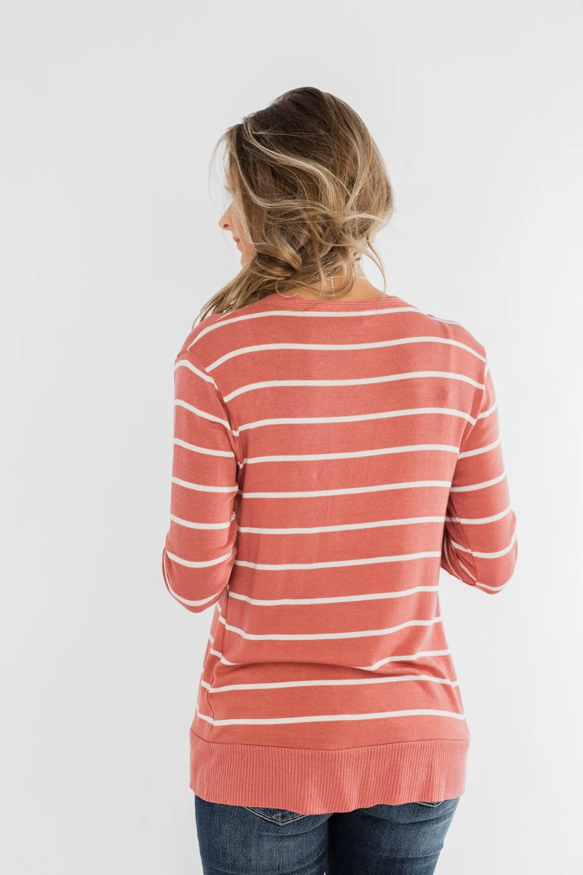 Everyday Striped Button Cardigan- Dusty Rose & Ivory