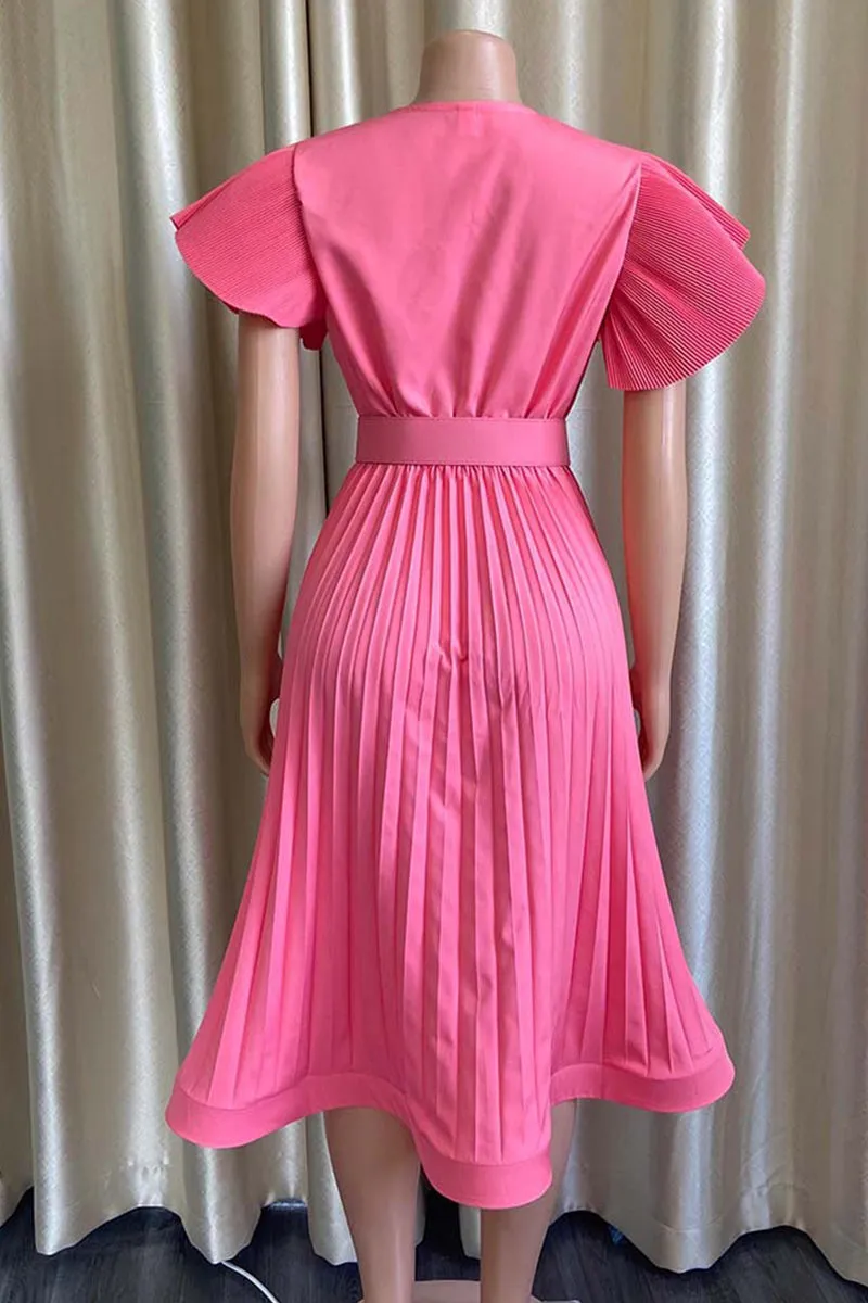 Fashion Casual Solid Fold With Belt V Neck Short Sleeve Dress Dresses(3 Colors)