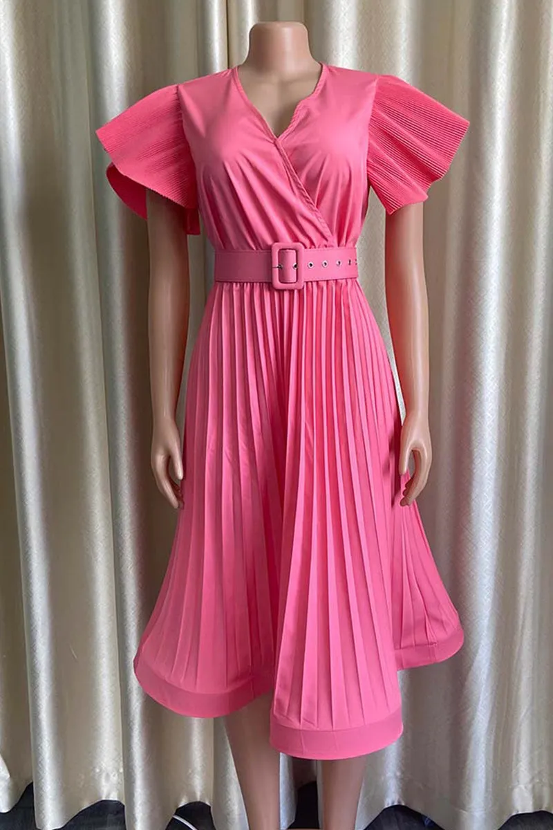 Fashion Casual Solid Fold With Belt V Neck Short Sleeve Dress Dresses(3 Colors)