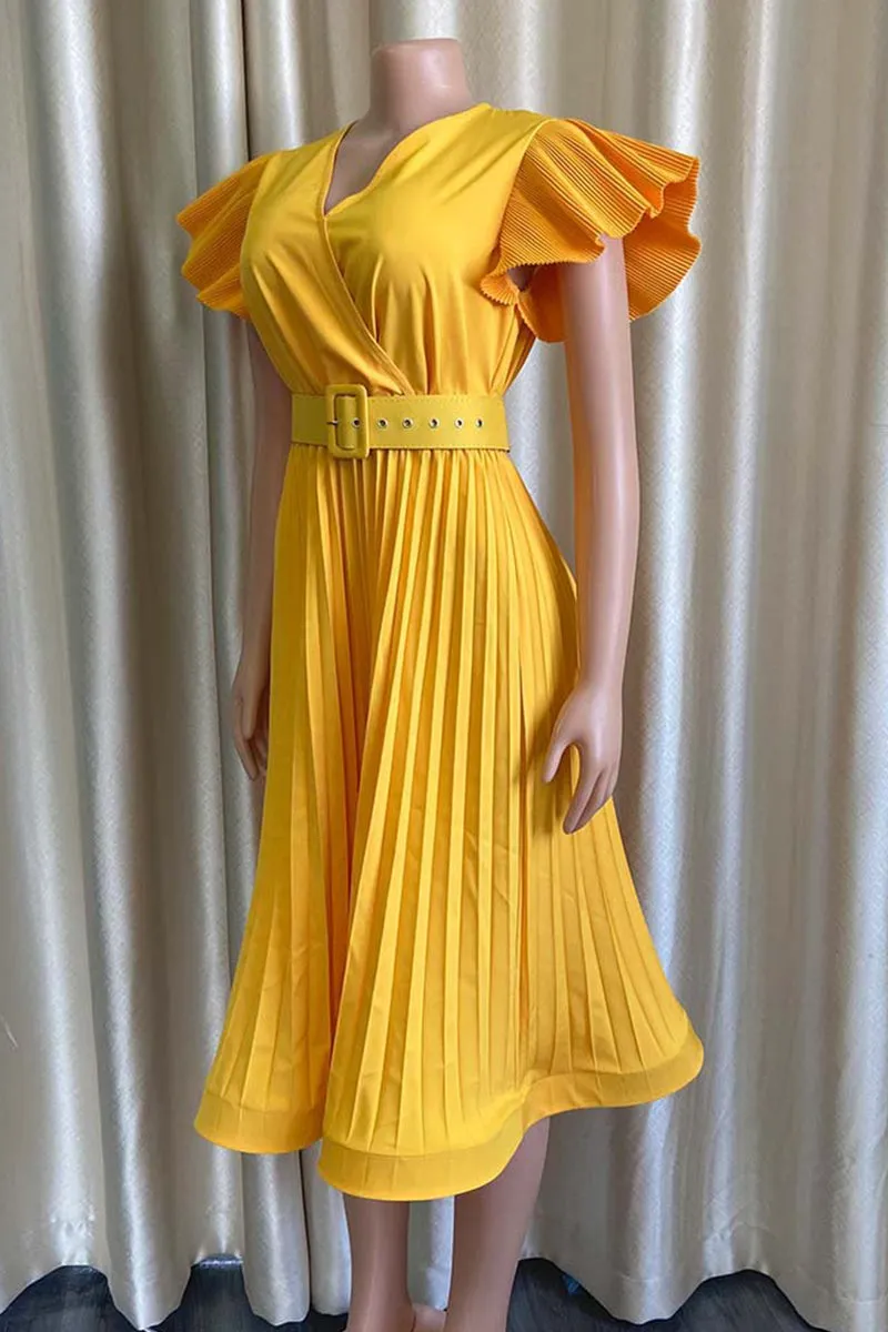 Fashion Casual Solid Fold With Belt V Neck Short Sleeve Dress Dresses(3 Colors)