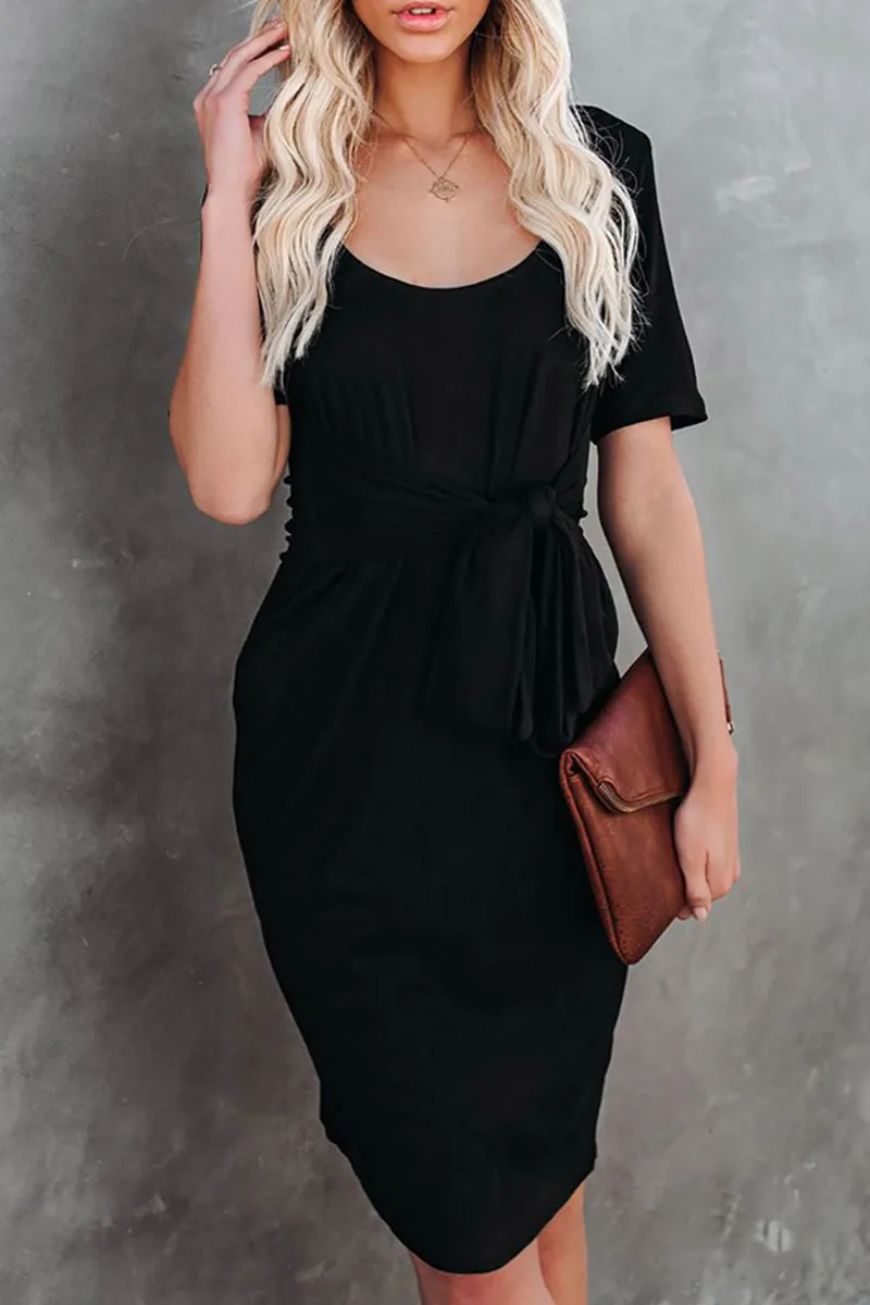 Fashion Solid Bandage U Neck Pencil Skirt Dresses(5 Colors)