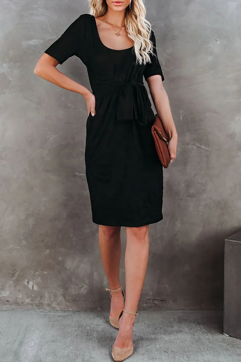Fashion Solid Bandage U Neck Pencil Skirt Dresses(5 Colors)