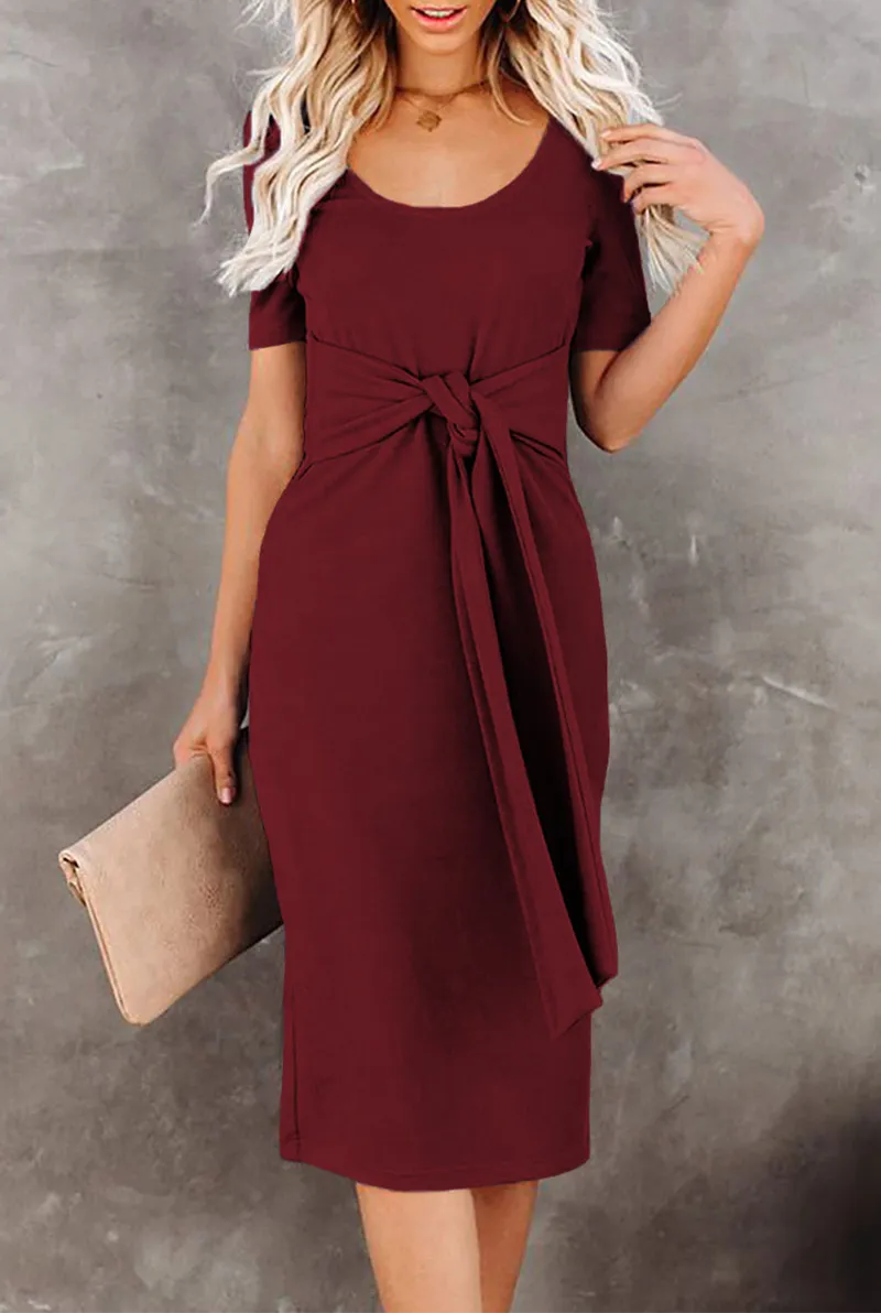 Fashion Solid Bandage U Neck Pencil Skirt Dresses(5 Colors)