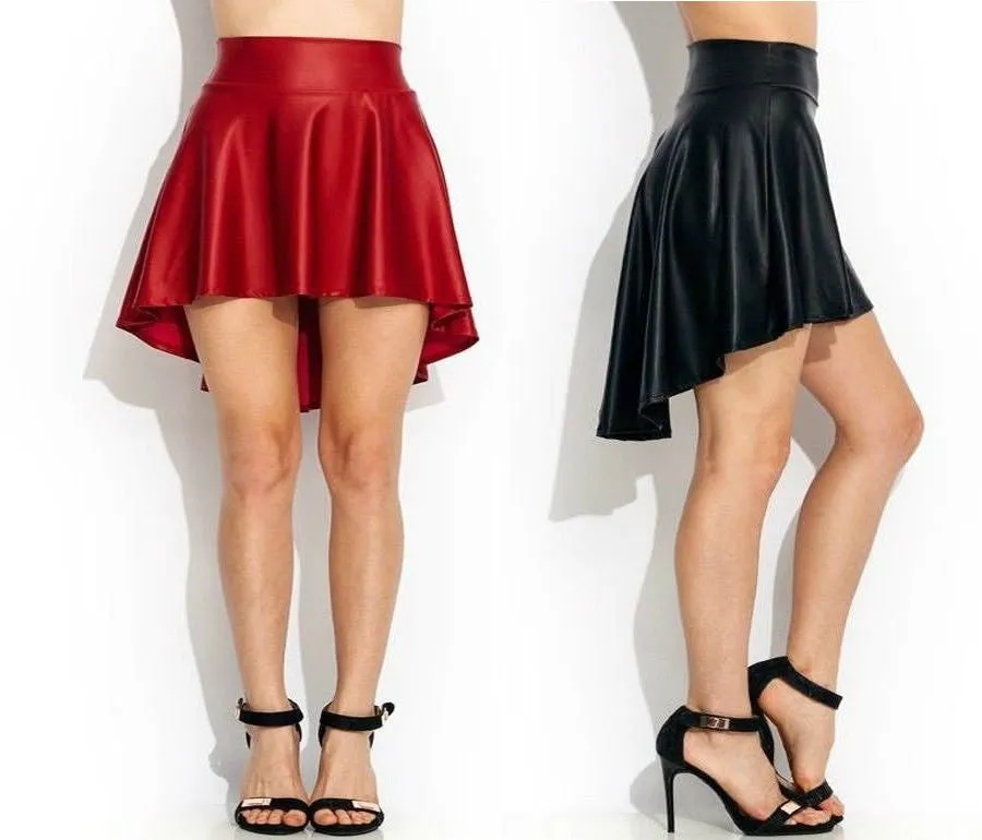 Faux Leather Black skirts Trendy Dance Party Casual High-Low Skater Skirt S/M/L/XL