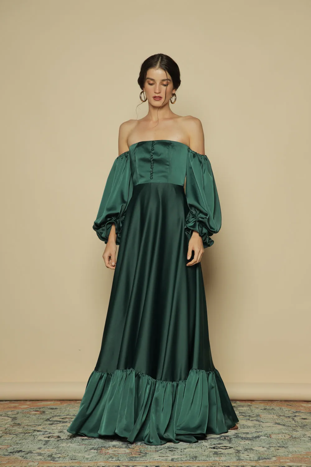 FIRA Two Way Puff Sleeve Maxi Dress with Covered Buttons and Square Neckline (Emerald Green Silk)