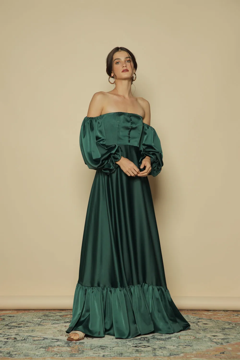 FIRA Two Way Puff Sleeve Maxi Dress with Covered Buttons and Square Neckline (Emerald Green Silk)