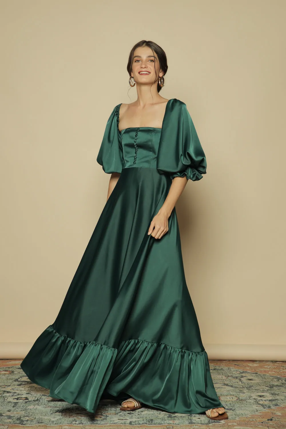 FIRA Two Way Puff Sleeve Maxi Dress with Covered Buttons and Square Neckline (Emerald Green Silk)