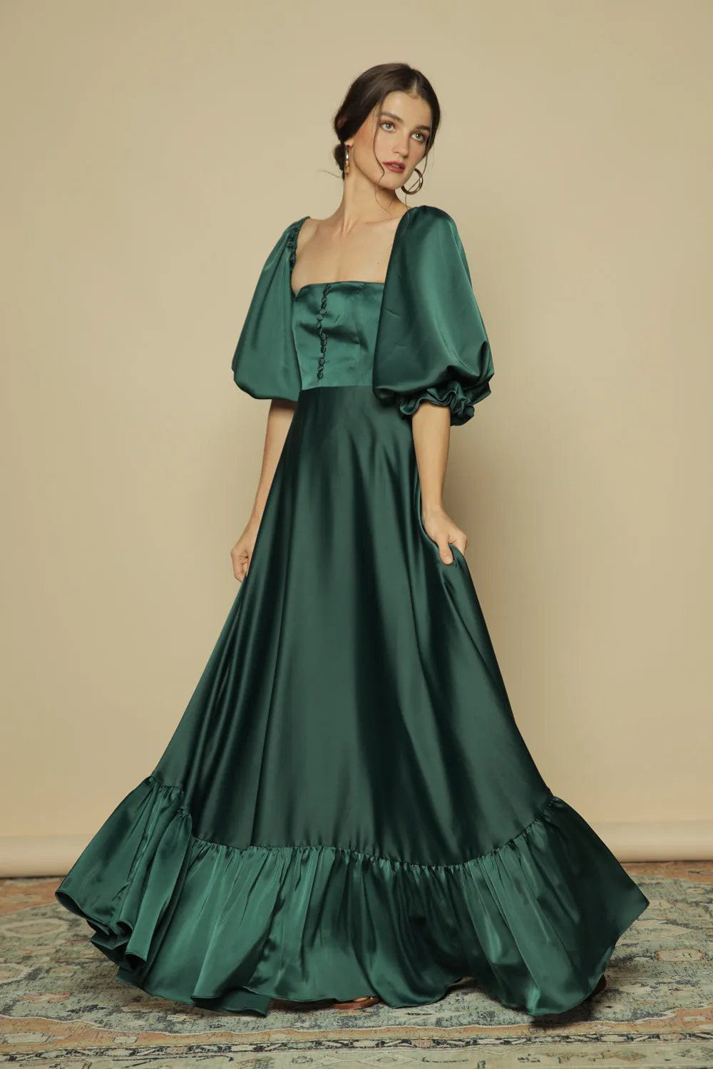 FIRA Two Way Puff Sleeve Maxi Dress with Covered Buttons and Square Neckline (Emerald Green Silk)