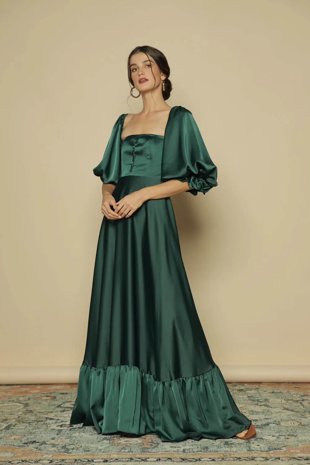 FIRA Two Way Puff Sleeve Maxi Dress with Covered Buttons and Square Neckline (Emerald Green Silk)